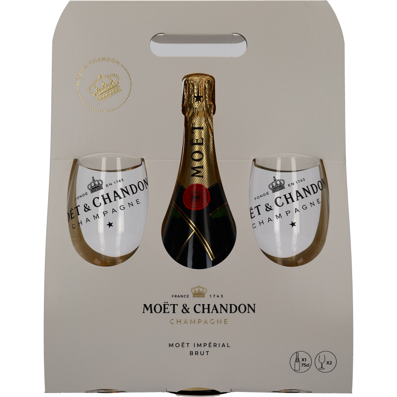 Champagne Moet & Chandon Brut Imperial met 2 doorzichtige glazen Champagne Moet & Chandon Brut Imperial met 2 doorzichtige glazen