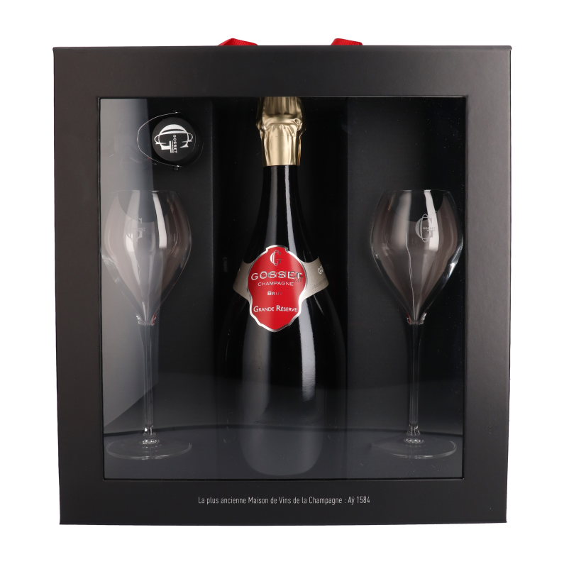 Gosset Giftbox met Champagne Gosset Grande Reserve Brut & 2 Flûtes en 1 Stopper Gosset Giftbox met Champagne Gosset Grande Reserve Brut & 2 Flûtes en 1 Stopper